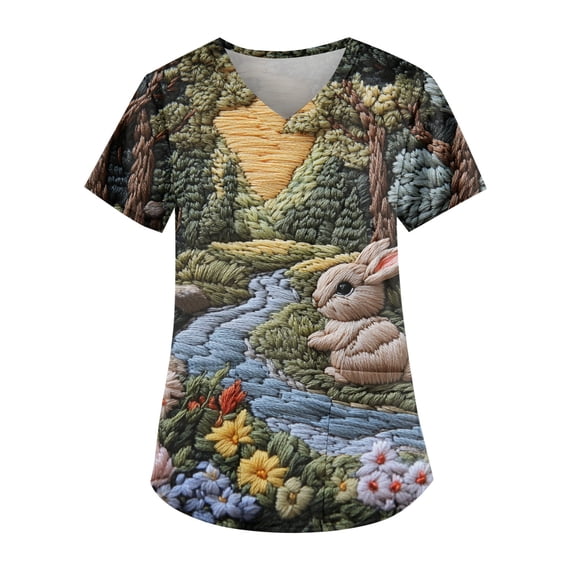 Uniform Tops，Scrub Tops for Women Medical Workwear Stretch Fashion Funny Easter Printed Plus Size Short Sleeve Nursing Uniform Scrub Tops，Army Green，M