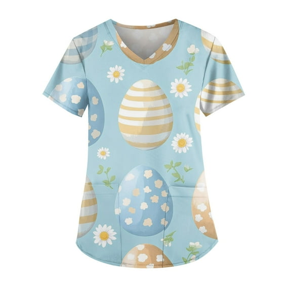 Uniform Tops,Womens Scrub Tops Cute Easter Print V Neck Short Sleeve Shirts Stretch Nurse Uniform Medical Scrubs with Pockets,Light Blue,XXXXXL