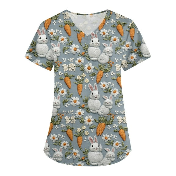 Uniform Tops,Womens Scrub Tops - Short Sleeve V-Neck Easter Printed Scrub Top Women Uniform Shirts with Side Pockets,Dark Gray,XXXL