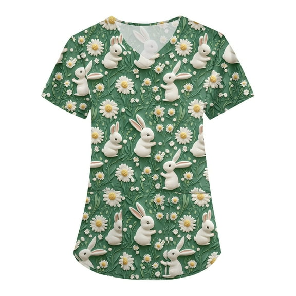 Uniform Tops，Womens Scrub Tops - Short Sleeve V-Neck Easter Printed Scrub Top Women Uniform Shirts with Side Pockets，Light Green，L