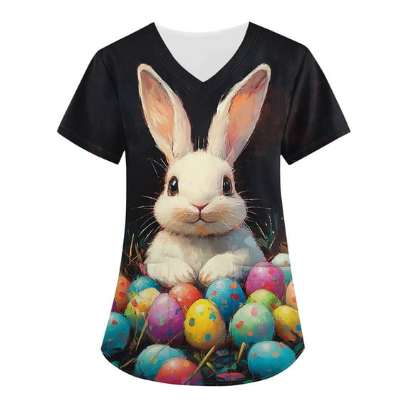 Uniforme De Enfermera,Easter Scrub Tops Women Bunny Egg Hunt Print Scrubs Short Sleeve Holiday Working Uniform with Pockets,Black,XXXXL