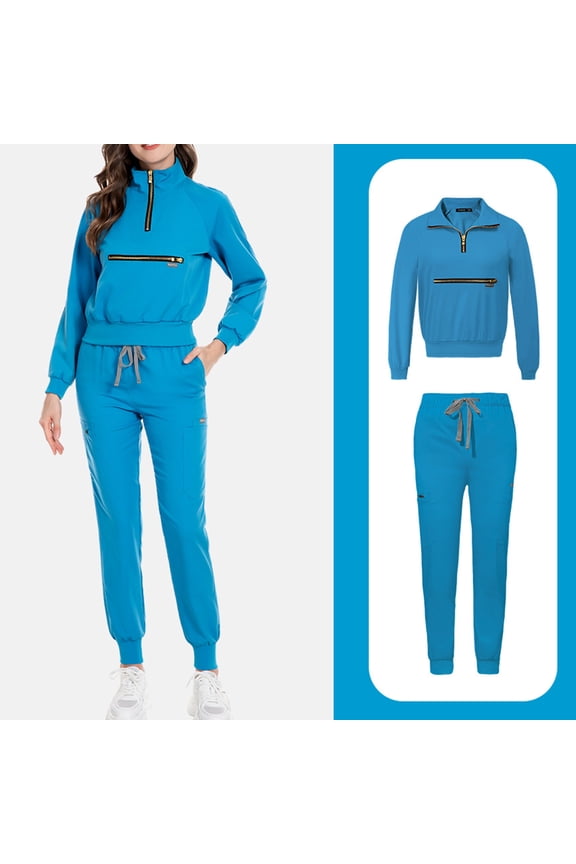 Uniforme De Enfermera,Scrub for Women Set-Long Sleeve Scrub Top with Zipper & Jogger Pants Medical Uniform Suit - Sky Blue - XS