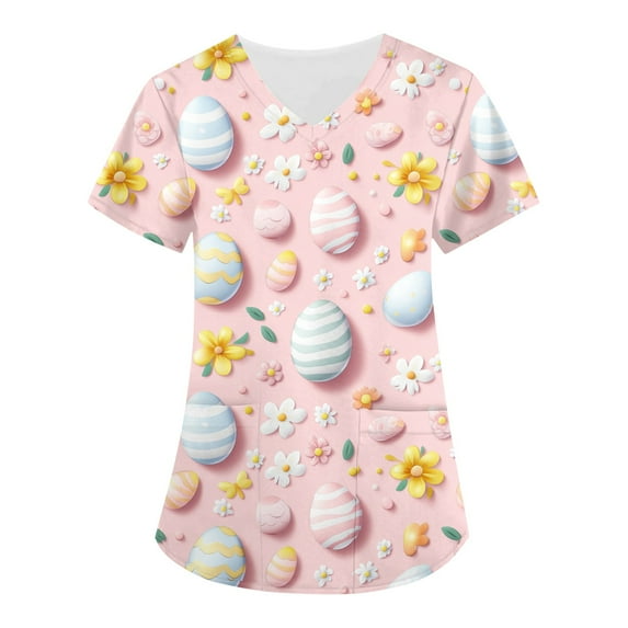 Uniforme De Enfermera,Scrubs for Women 2026 Easter Bunny Eggs Print Tops for Women V Neck Stretchy Short Sleeve Nursing Shirts with Pockets,Light pink,XXXXXL