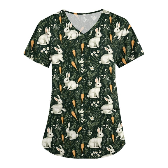 Uniforme De Enfermera，Womens Scrub Tops - Short Sleeve V-Neck Easter Printed Scrub Top Women Uniform Shirts with Side Pockets，Army Green，XXXL