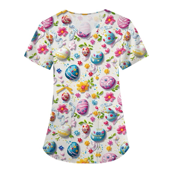 Uniforme De Enfermera，Womens Scrub Tops - Short Sleeve V-Neck Easter Printed Scrub Top Women Uniform Shirts with Side Pockets，Light Blue，L