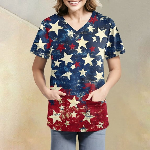 Uniforme Médico Mujer, Summer Patriotic Print Nursing Blouse with Side Pockets Women's Functional Pocket Healthcare Uniform Breathable Polyester Casual Work Shirt Plus Size Blue Xxl