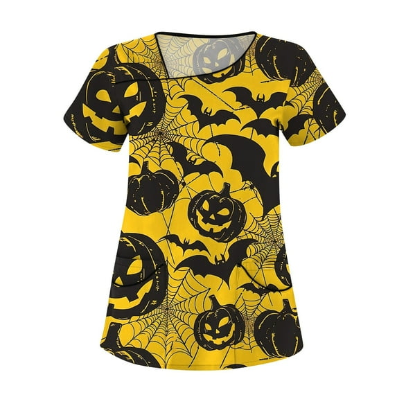 Uniformes Medicos, Anti-Wrinkle Workwear Medical Scrub Tops Women Plus Size V-Neck Fun Printed Scrubs Top Soft Knit Nurse Uniform Shirts Professionals Stretch Short Sleeve V Yellow Xl