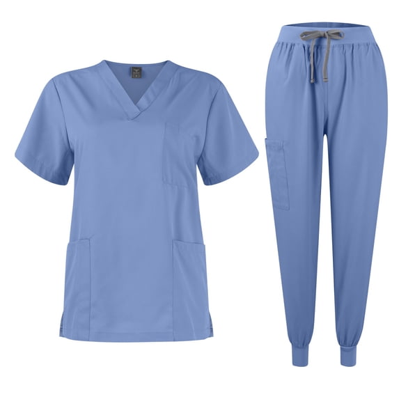 Uniformes Medicos Convertible Women's Scrub Set - Roll-Tab Sleeves, Adjustable Waist Ties, Functional Pockets Light Blue L