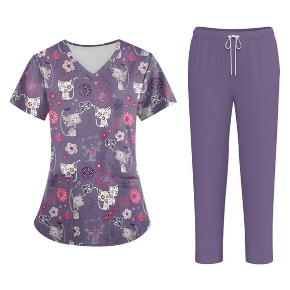 Uniformes Medicos Hombre,Scrub Sets For Woman Short Sleeve Animal Flower Printed Tops   Pants Work Uniforms Nurse Clothing Two Piece Set,Purple,M