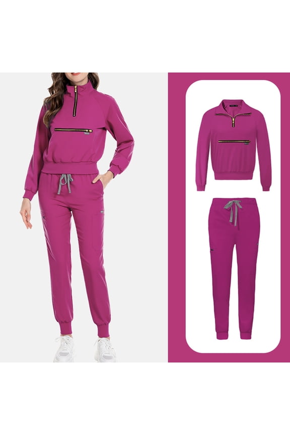 Uniformes Medicos Hombre,Scrub for Women Set-Long Sleeve Scrub Top with Zipper & Jogger Pants Medical Uniform Suit - Hot Pink - XS