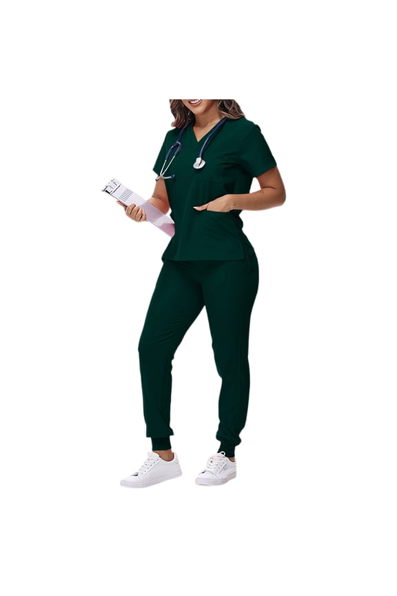 Uniformes Medicos Hombre,Scrubs Set for Women Nurse Uniform V-Neck Top and Drawstring Jogger Pants with Multi Pocket Nurse Workwear - Dark Green - L