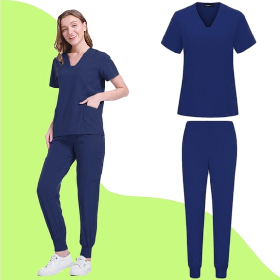 Uniformes Medicos,Scrubs for Women Set, Stretchy V-Neck Top & Jogger Pants with Multi-Pocket Yoga Waistband - Navy - XXL