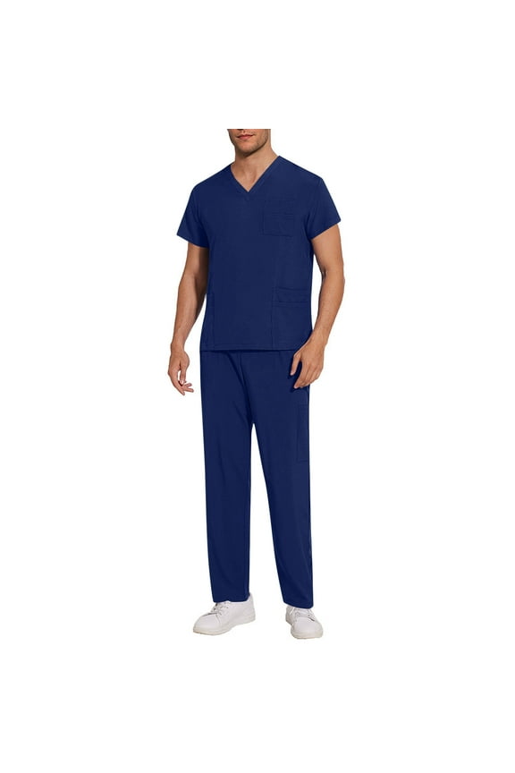 Uniforms Scrub Set with Pockets Nurse Top and Pants Men Women Clothes Comfortable Nursing Work Suits for Cosmetology Healthcare Pet Grooming Dark Blue L