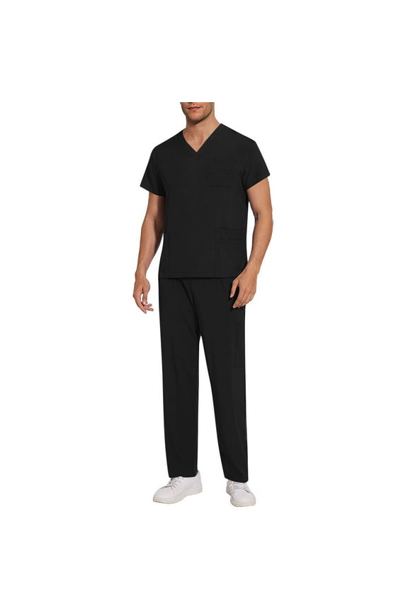 Uniforms Scrub Set with Pockets Nurse Top and Pants Men Women Clothes Comfortable Nursing Work Suits for Cosmetology Healthcare Pet Grooming Black L
