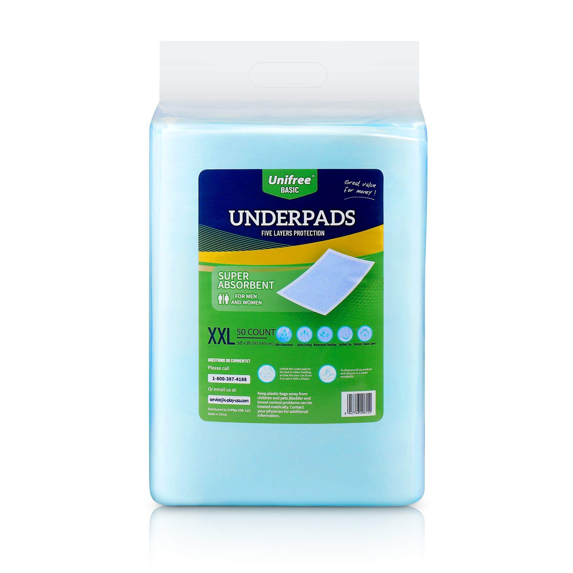 Unifree Disposable Underpads, Bed Pads, Incontinence Pad, Super Absorbent, 50 Count, Blue (XXL