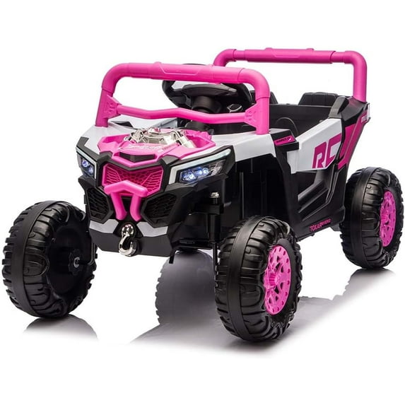 Unifun 12V Kids Ride On Car, 2.4G Remote Control Electric UTV with Swing & Slow Start, LED Lights & Music Player, Anti-Slip Wheels, Dual Motors, for Boys Girls Ages 3-5 (Pink)