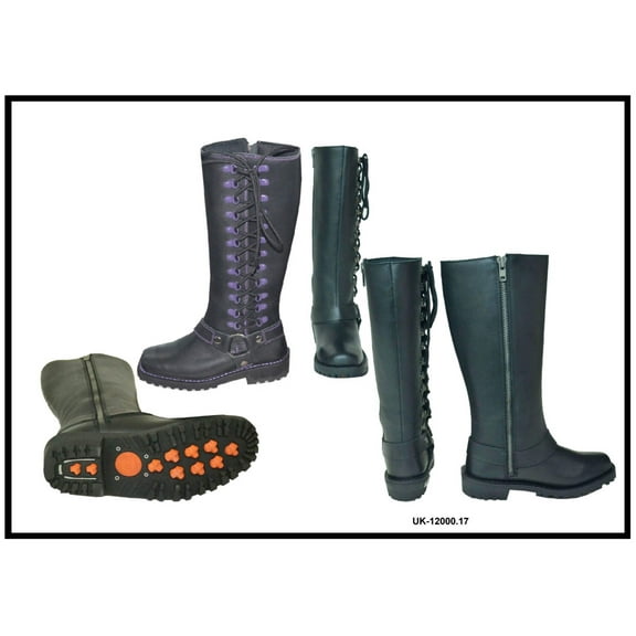 Unik Women's Premium Leather Laced Motorcycle Boots, 12000-17 (Black, 8)