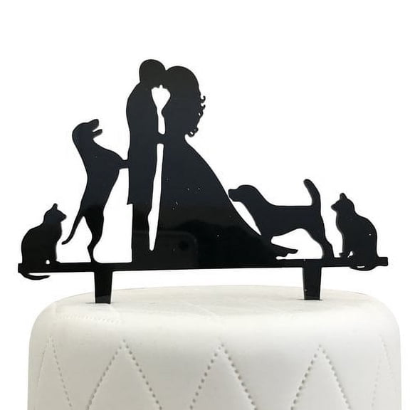 Unik Occasions Bride, Groom, Two Dogs & Two Cats Silhouette Acrylic Cake Topper