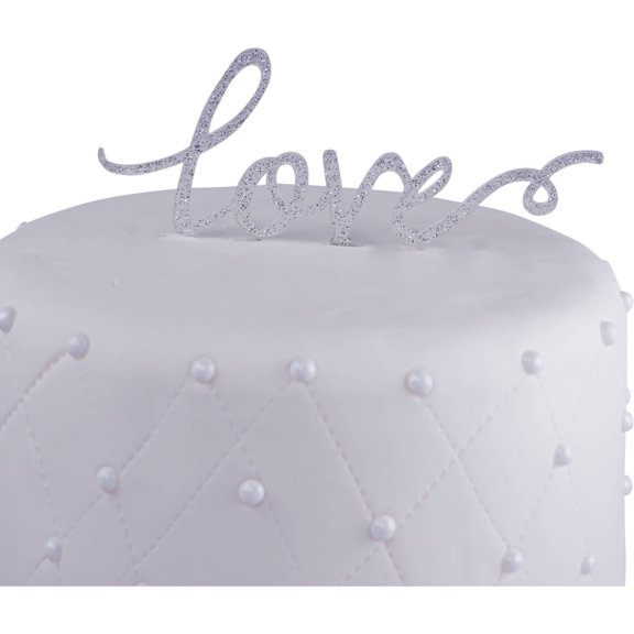 Unik Occasions "Love" Acrylic Wedding Cake Topper, Silver Glitter
