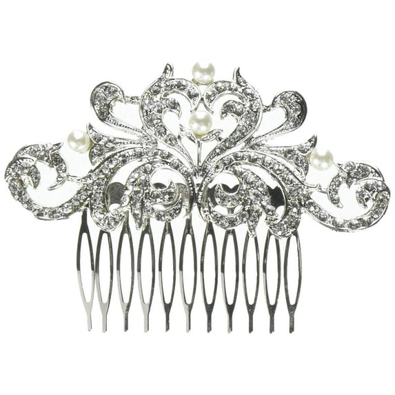 Unik Occasions Silver Rhinestone and Pearl Leaf and Vine Bridal Comb