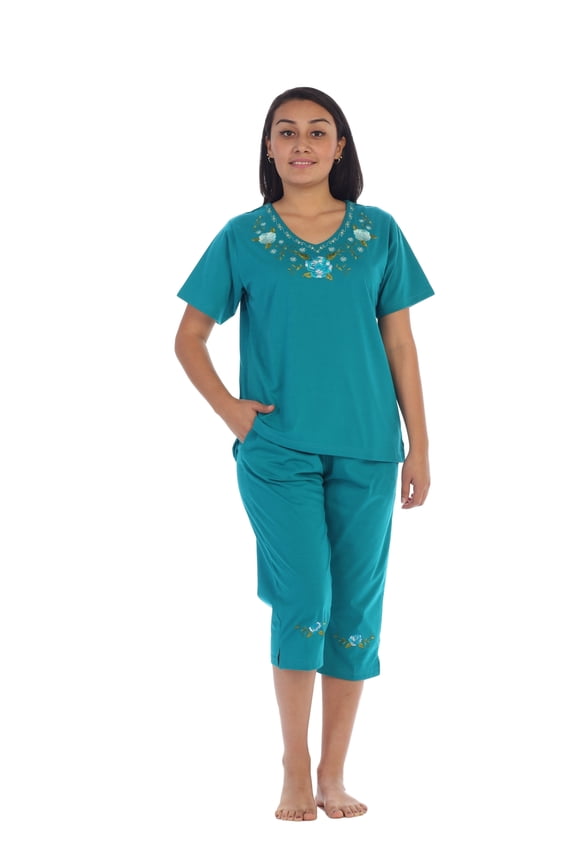 Women's Short Sleeve Embroidered Roses Blouse and Matching Capri Set, Jade Size 2XL