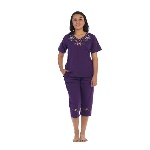 Unik Women's Short Sleeve Embroidered Roses Blouse and Matching Capri Set, Purple Size Large
