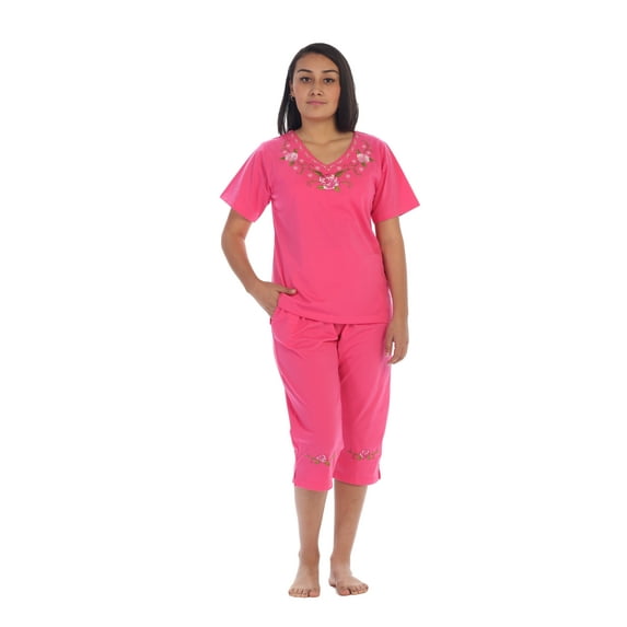 Unik Women's Short Sleeve Embroidered Roses Blouse and Matching Capri Set, Rose Size 3XL