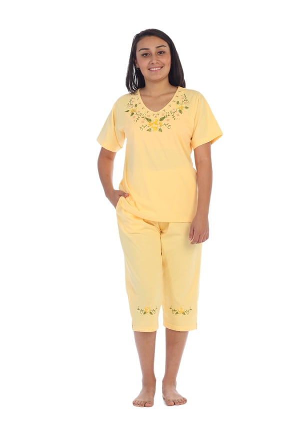 Women's Short Sleeve Embroidered Roses Blouse and Matching Capri Set, Yellow Size Large