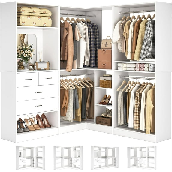 Unikito 86” Closet System, Large Corner Closets Organizer with Hanging Rods and Mirror Design, Freestanding Adjustable Wood Clothes Garment Rack with Drawers, Sturdy Walk in Closet Tower, White