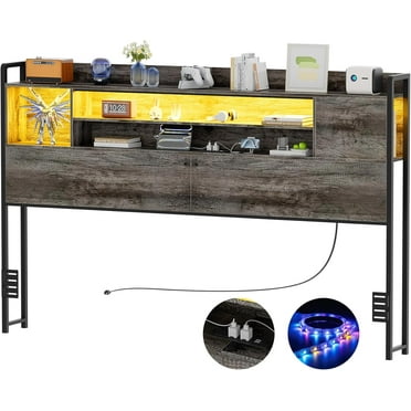 Unikito Headboard for King Size Bed, Bookcase Style Head Board with Power Outlet and RGB LED Light, Reversible Headboard with Storage, Height Adjustable, Sturdy and Stable, King Size, Black Oak