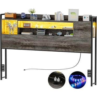 Unikito Headboard for Queen Size Bed, Bookcase Style Head Board with Power Outlet and RGB LED Light, Reversible Headboard with Storage, Height Adjustable, Sturdy and Stable, Queen Size, Black Oak