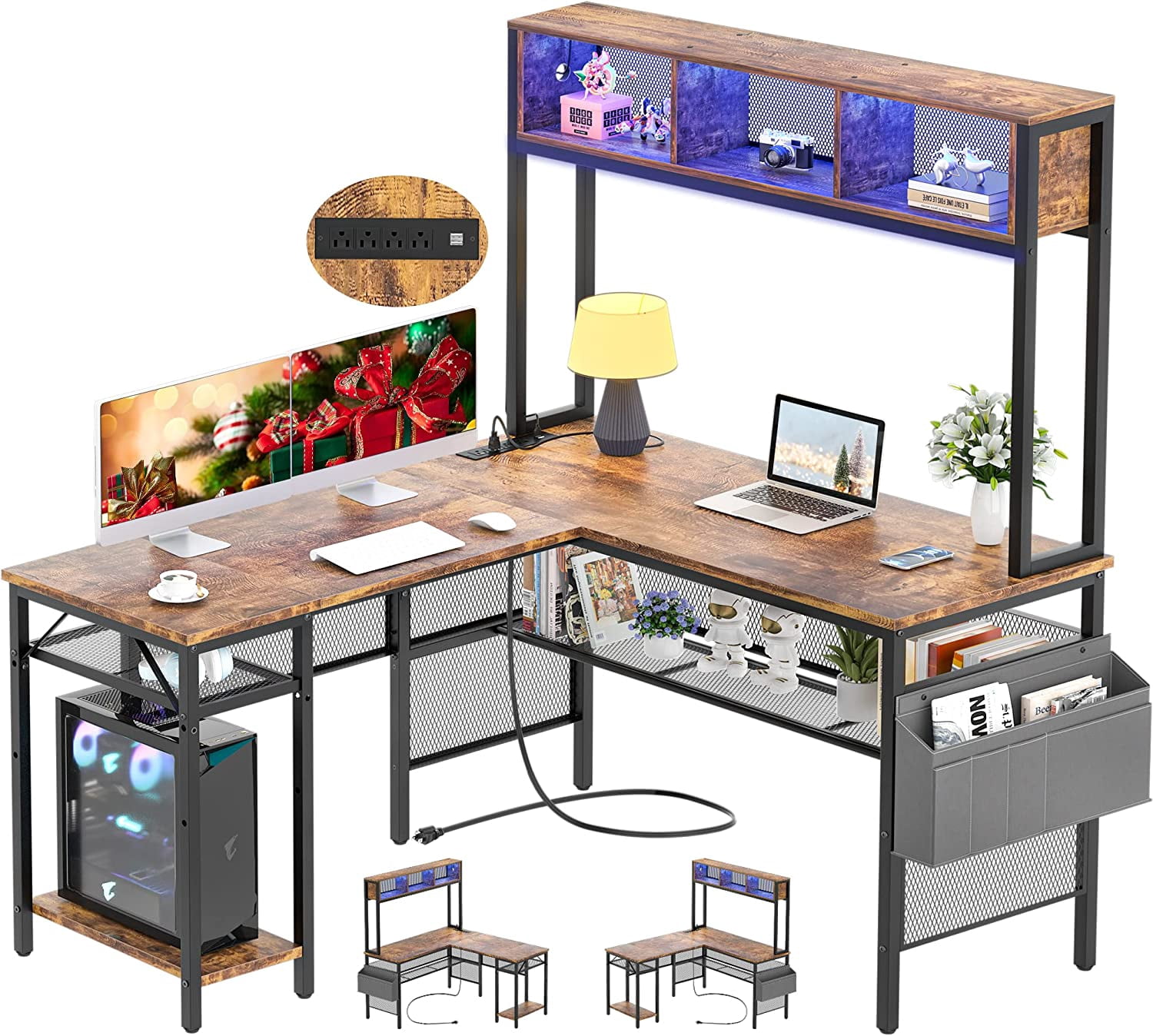 Unikito L Shaped Computer Desk with LED Strip and Power Outlets ...