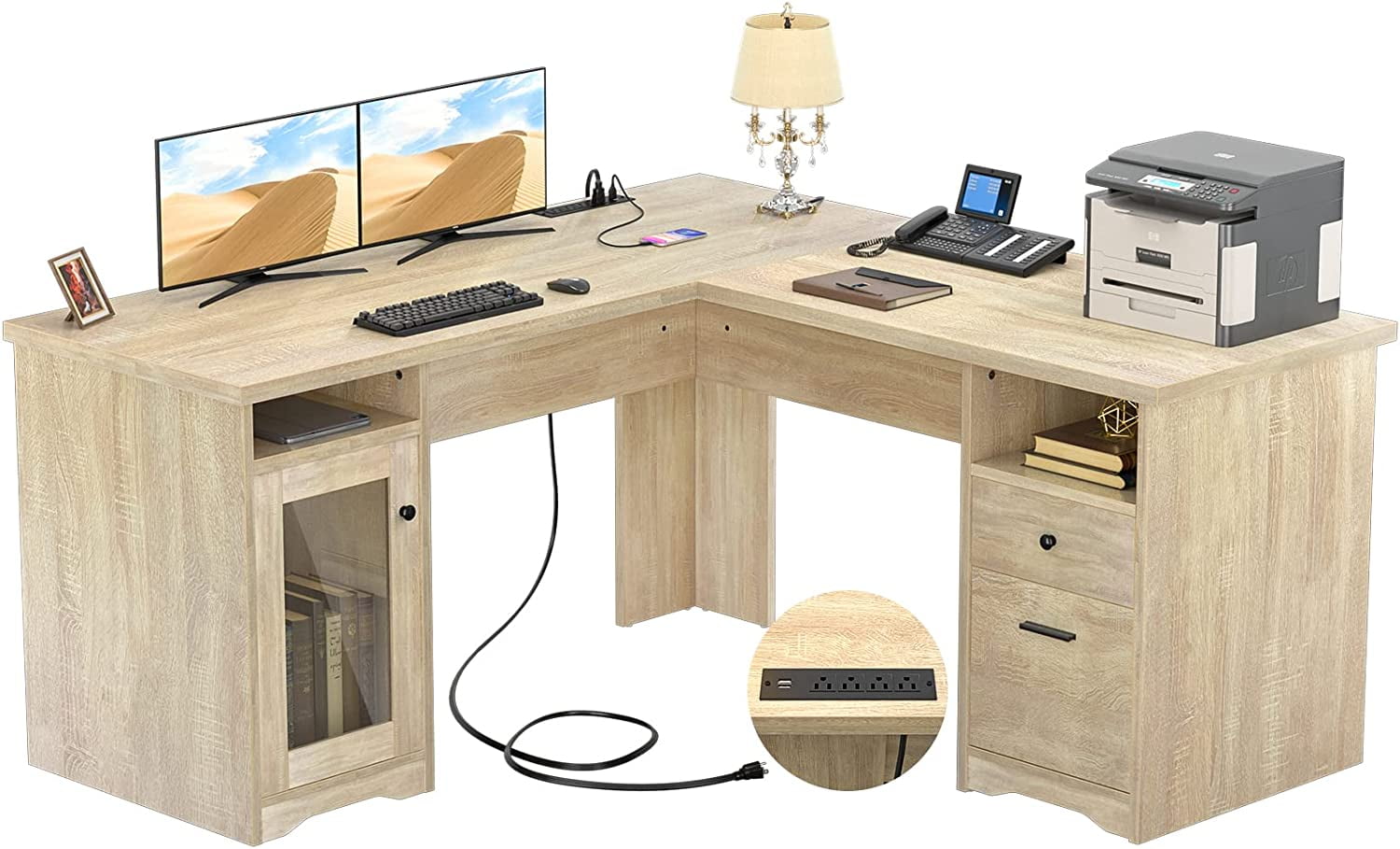 Unikito L Shaped Desk with Drawers Corner Computer Desks with Power Outlets and USB Charging