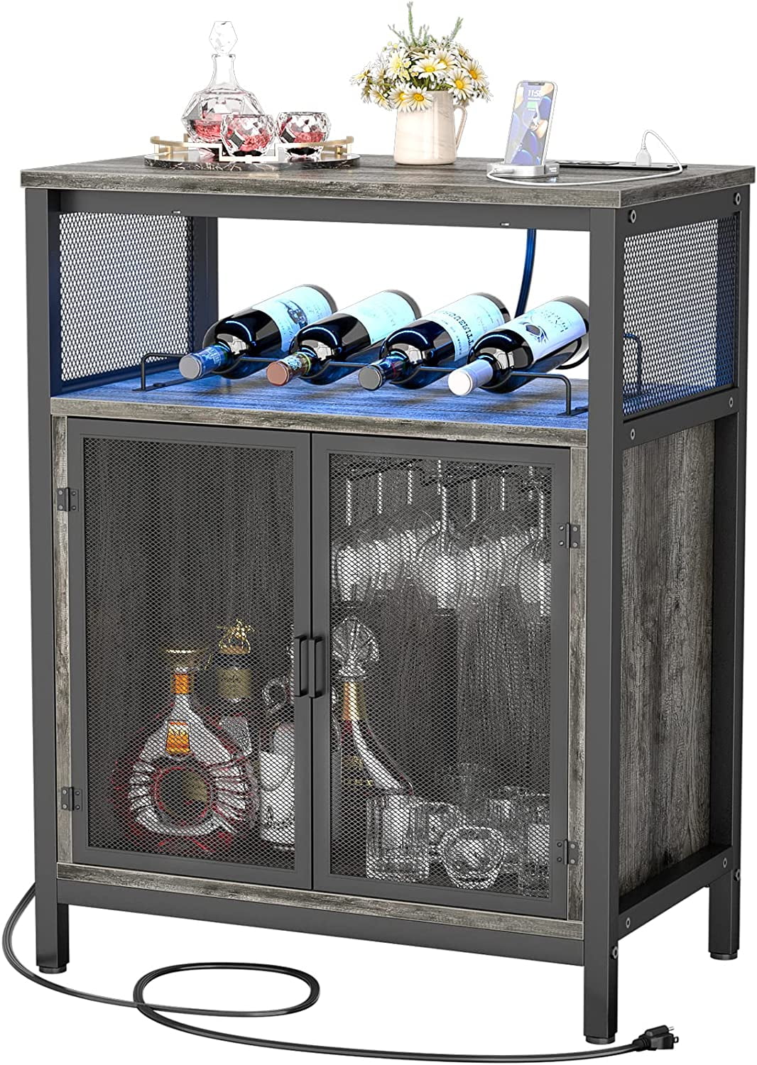 Unikito Wine Bar Cabinet with RGB Light and Outlet, FreeStanding