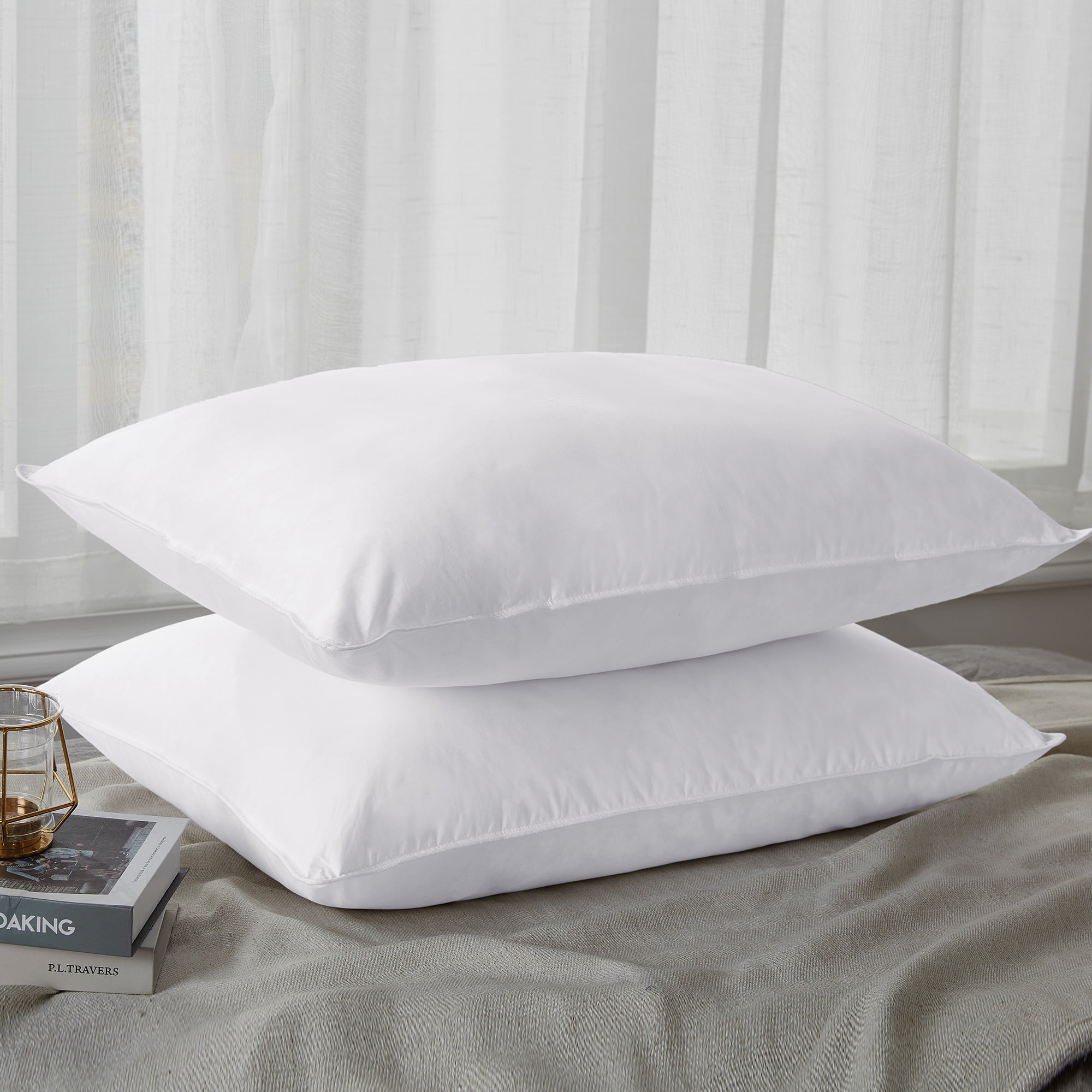 Standard White Goose Down Feather Pillows in Cotton Fabric, 2-Pack