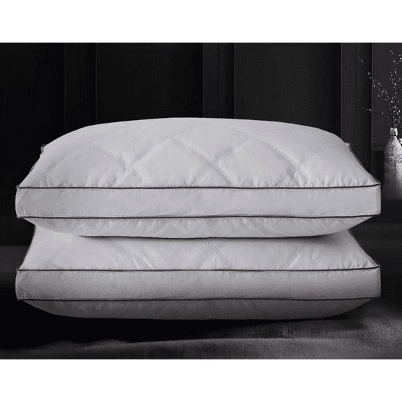 Unikome 2 Piece Diamond Quilted Goose Feather Gusseted Bed Pillows Set, Standard -White