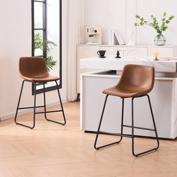 Unikome Bar Stools Set of 2, 24 Inch Counter Height Bar Stools with Back, Leather Barstools with Metal Legs and Footrest, Industrial Armless Bar Chairs with Soft Backrest for Kitchen, Dark Gray