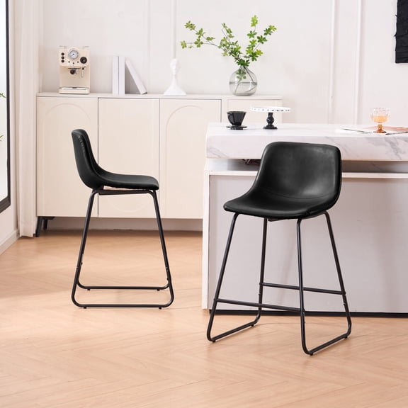 Unikome Bar Stools Set of 2, 30 Inch Counter Height Bar Stools with Back, Leather Barstools with Metal Legs and Footrest, Industrial Armless Bar Chairs with Soft Backrest for Kitchen, Black
