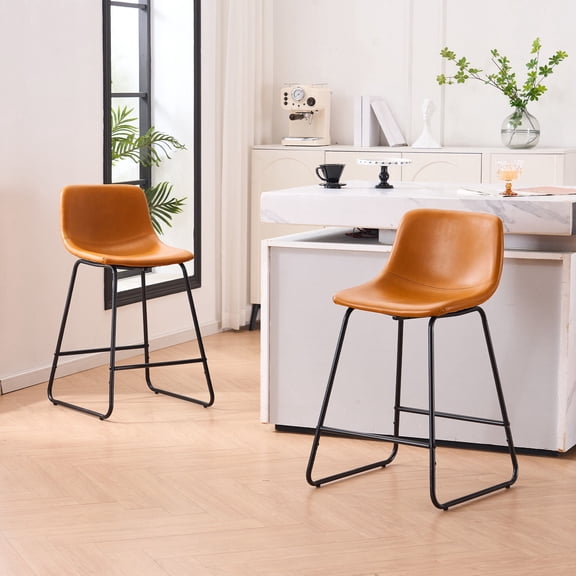 Unikome Bar Stools Set of 2, 30 Inch Counter Height Bar Stools with Back, Leather Barstools with Metal Legs and Footrest, Industrial Armless Bar Chairs with Soft Backrest for Kitchen, Brown