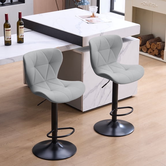 Unikome Bar Stools Set of 2, Adjustable Swivel Bar Chairs with 360° Rotation, Faux Leather Upholstered Counter Height Stools with Ergonomic Backrest and Footrest, Kitchen Island Barstools, Light Gray