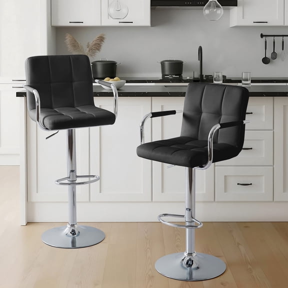 Unikome Bar Stools Set of 2, Adjustable Swivel Bar Chairs with Padded Armrests & Ergonomic Backrest, 350lb Capacity PU Leather Counter Height Stools for Kitchen Island, Pub and Dining Room, Black