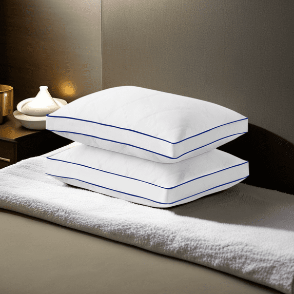 Unikome Feather Pillows Standard Size Set of 2, Goose Down Feather Pillow, Bed Pillows with Cotton Fabric, Gusseted Pillow Inserts,Blue Edge Piping White Pillow