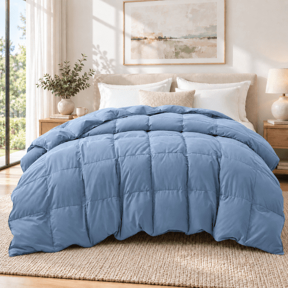 Unikome Goose Down Feather Fiber Comforter, 700 Fill Power All Season Duvet Insert, Soft Fluffy Quilted Bedding, California King Comforter 94 x 108 Inch, Natural Fill, Blue
