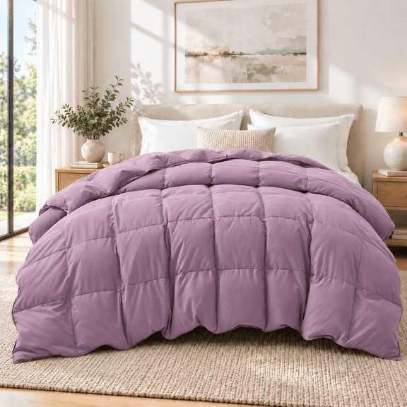 Unikome Goose Down Feather Fiber Comforter, 700 Fill Power All Season Duvet Insert, Soft Fluffy Quilted Bedding, Twin Comforter 68 x 88 Inch, Natural Fill, Purple