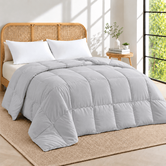 Unikome Lightweight Goose Feather Fiber Comforter, Full/Queen Size, Soft Duvet Insert with Box Stitch Design, 8 Loops, Machine Washable, 88 x 88 in, Light Gray