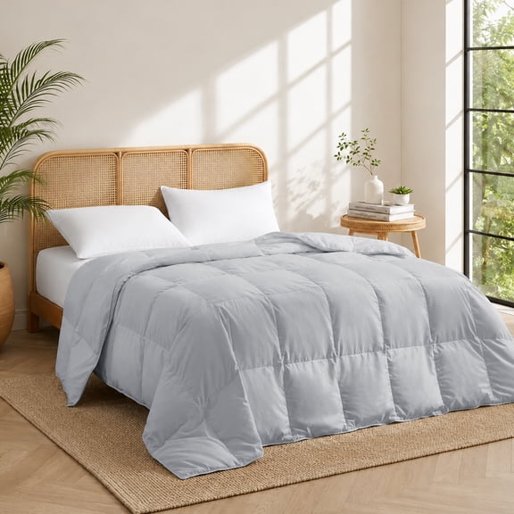 Unikome Lightweight Goose Feather Fiber Comforter, Twin Size, Soft Duvet Insert with Box Stitch Design, 8 Loops, Machine Washable, 68 x 88 in, Light Gray