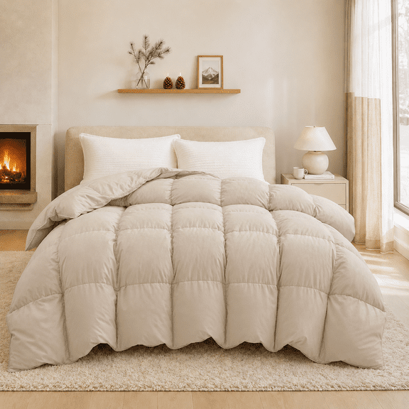 Unikome Heavyweight Goose Down Feather Fiber Comforter, Natural Filling Warm Quilted Comforter with Baffle Box Design, Soft Quiet Fabric, Full/Queen 90 x 90 inch,Cream