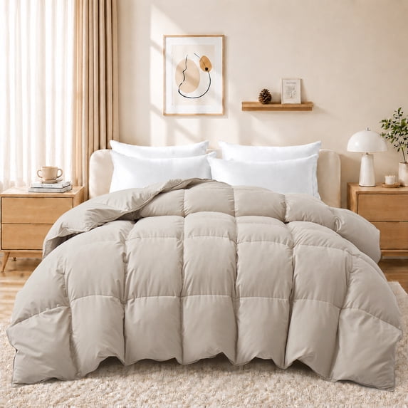 Unikome Heavyweight Goose Down Feather Fiber Comforter, Natural Filling Warm Quilted Comforter with Baffle Box Design, Soft Quiet Fabric, Cal King 108 x 94 inch,Cream