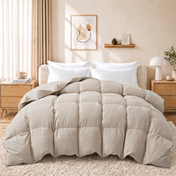 Unikome Heavyweight Goose Down Feather Fiber Comforter, Natural Filling Warm Quilted Comforter with Baffle Box Design, Soft Quiet Fabric, Full/Queen 90 x 90 inch,Cream