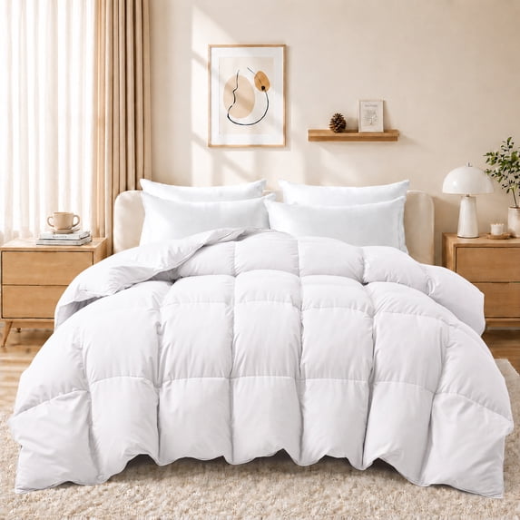 Unikome Heavyweight Goose Down Feather Fiber Comforter, Natural Fill Warm Quilted Duvet Insert, Baffle Box Design, Soft Quiet Fabric, King 106 x 90 in, White